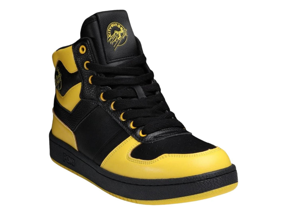 Tenis PONY de corte alto en colores amarillo y negro con suela negra.