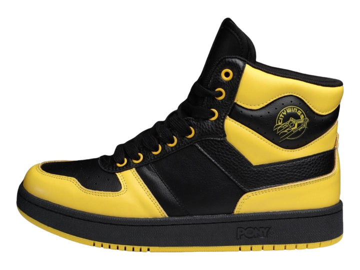 Tenis PONY de corte alto en colores amarillo y negro con suela negra.