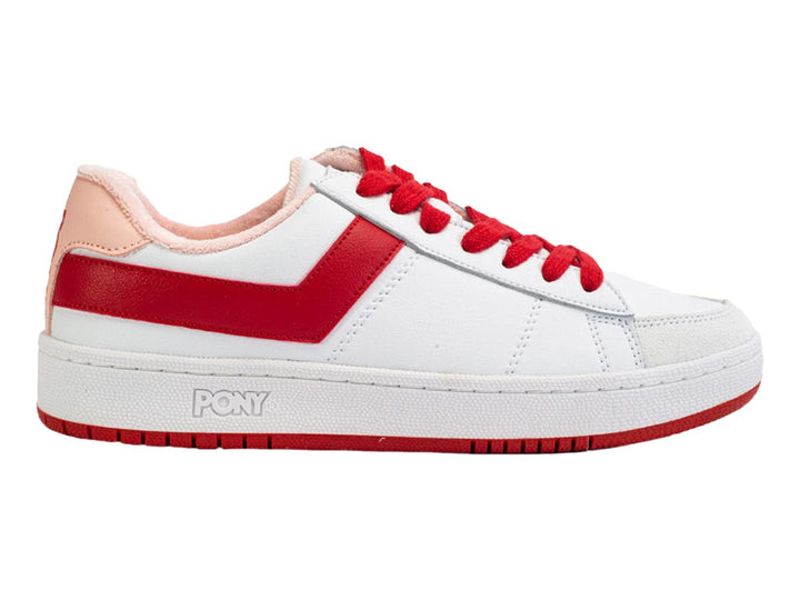Tenis PONY PRO 80 color blanco con detalles en rojo y rosa, cordones rojos y suela blanca.