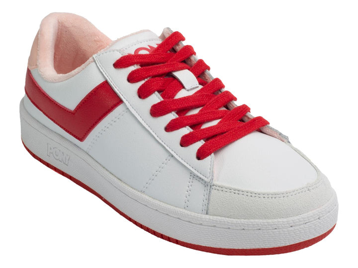 Tenis PONY PRO 80 color blanco con detalles en rojo y rosa, cordones rojos y suela blanca.