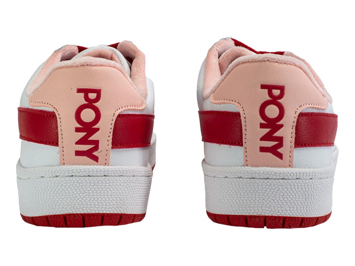 Tenis PONY PRO 80 color blanco con detalles en rojo y rosa, cordones rojos y suela blanca.