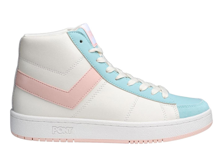 Tenis PONY de bota alta en color blanco con detalles decorativos en rosa y azul claro.
