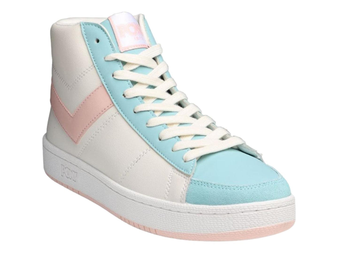 Tenis PONY de bota alta en color blanco con detalles decorativos en rosa y azul claro.