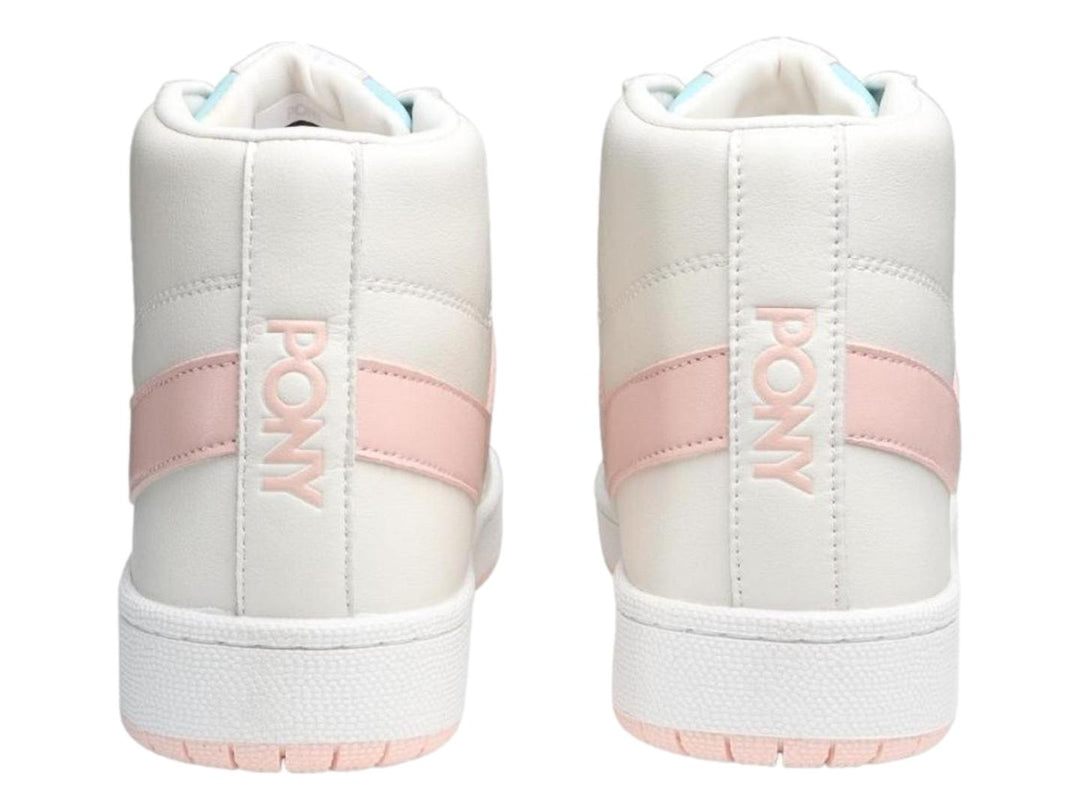 Tenis PONY de bota alta en color blanco con detalles decorativos en rosa y azul claro.