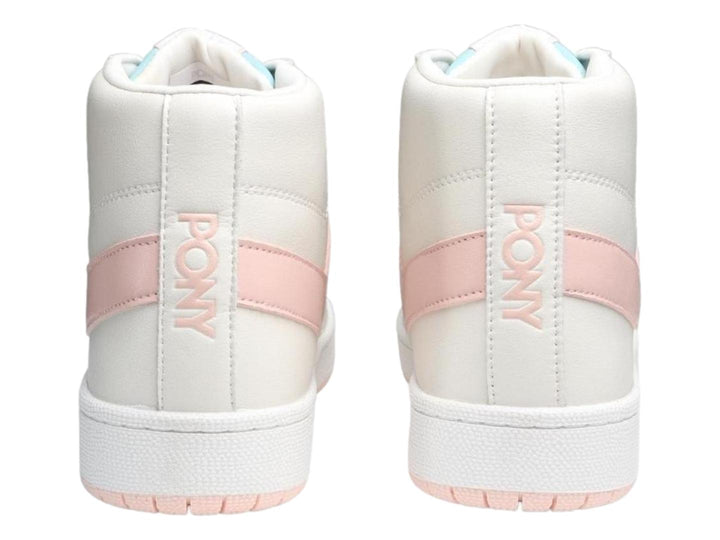 Tenis PONY de bota alta en color blanco con detalles decorativos en rosa y azul claro.