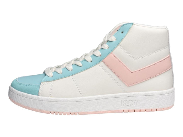 Tenis PONY de bota alta en color blanco con detalles decorativos en rosa y azul claro.