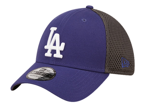 Gorra New Era de los Dodgers de Los Ángeles en color azul oscuro con panel trasero de malla gris y logo blanco frontal.