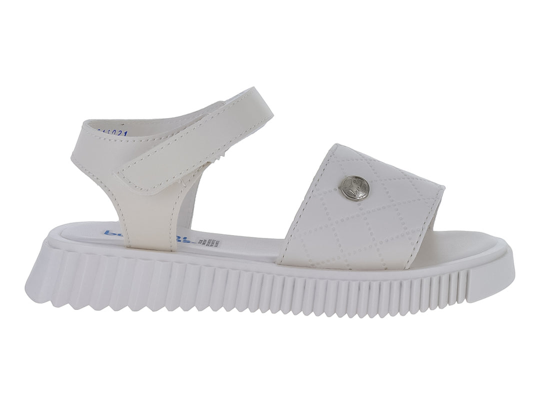 Sandalia blanca de plataforma para niña con correa acolchada y botón plateado.
