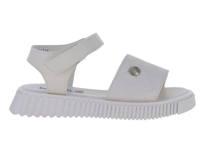 Sandalia blanca para niña con plataforma dentada, correa de ajuste y detalle acolchado en la parte frontal.