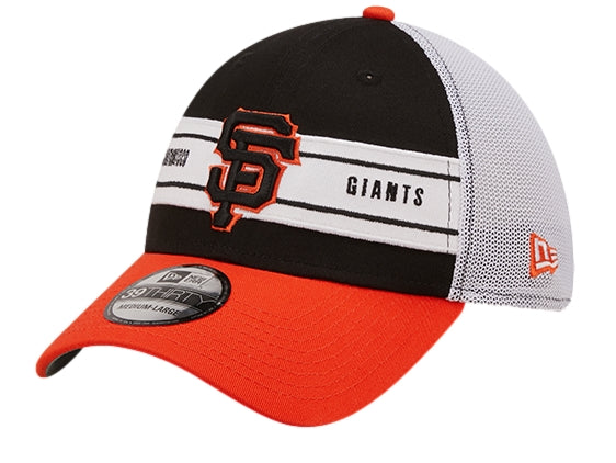 Gorra New Era de los San Francisco Giants en colores negro, blanco y naranja con panel trasero de malla.