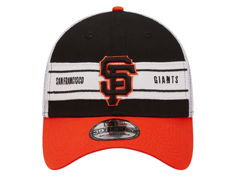Gorra New Era de los San Francisco Giants en colores negro, blanco y naranja con panel trasero de malla.