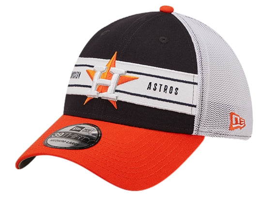 Gorra New Era de los Houston Astros en colores azul marino, blanco y naranja con panel trasero de malla.