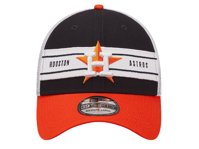 Gorra New Era de los Houston Astros en colores azul marino, blanco y naranja con panel trasero de malla.