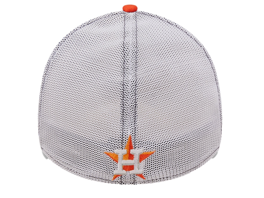 Gorra New Era de los Houston Astros en colores azul marino, blanco y naranja con panel trasero de malla.