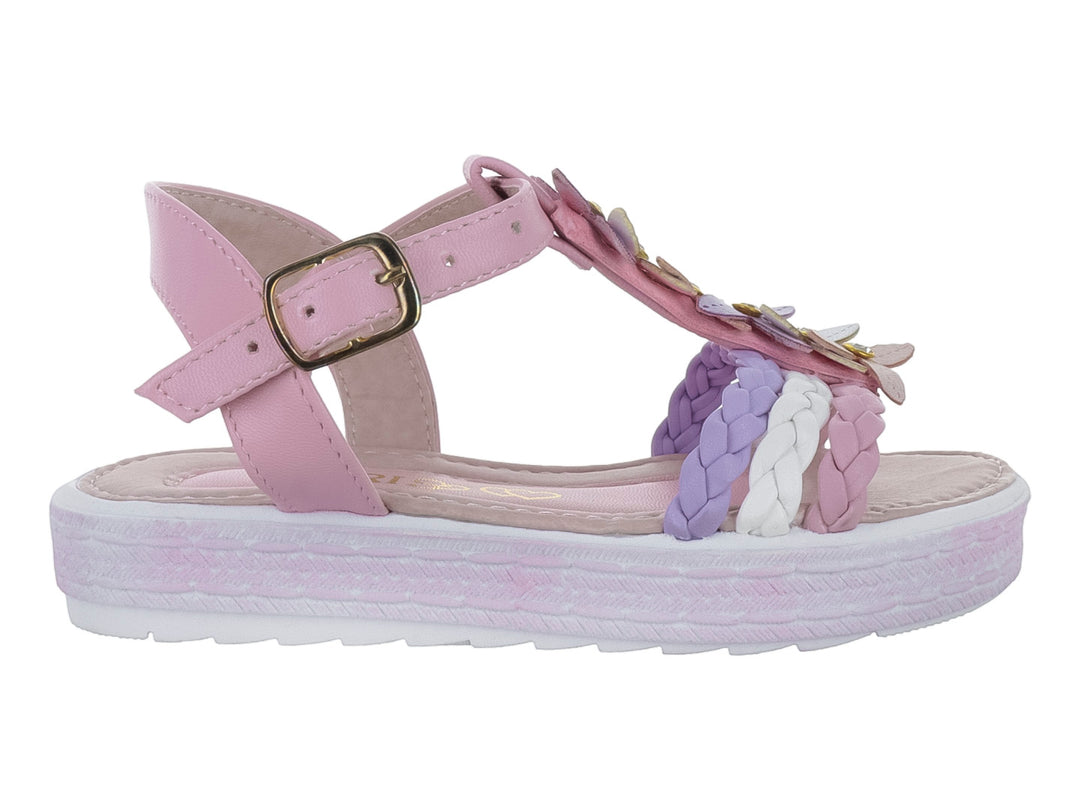 Sandalias rosas para niña con plataforma, tiras trenzadas en blanco y morado y adornos de flores.
