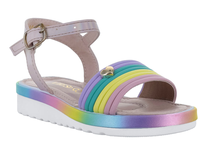 Sandalia VIRIS para Niña con plataforma multicolor y tiras frontales en tonos arcoíris con detalle de corazón dorado.