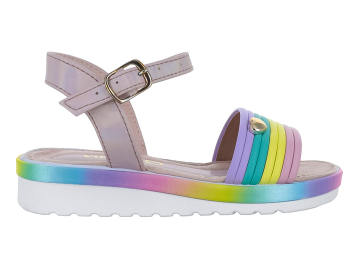 Sandalia VIRIS para Niña con plataforma multicolor y tiras frontales en tonos arcoíris con detalle de corazón dorado.