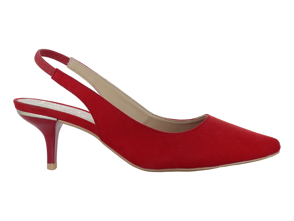 Zapato de tacón color rojo fuego con correa posterior y acabado mate tipo gamuza.