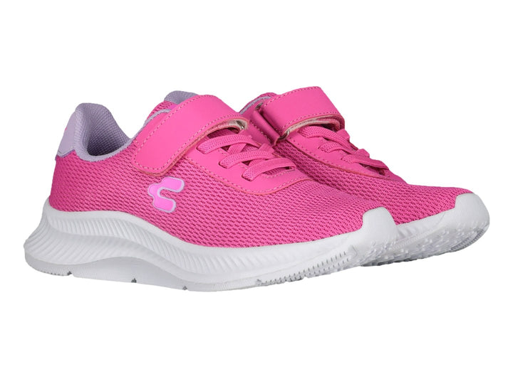 Par de tenis deportivos Charly color rosa con suela blanca y cierre de velcro para niña.