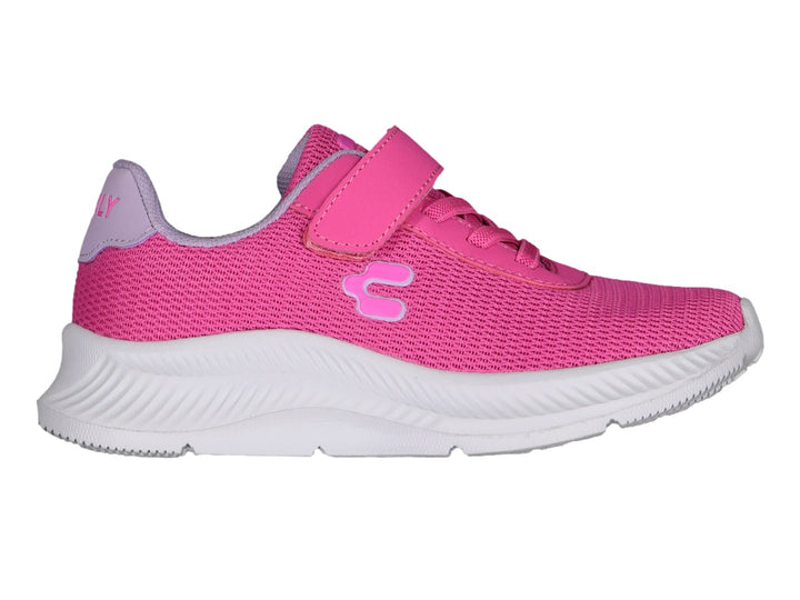 Par de tenis deportivos Charly color rosa con suela blanca y cierre de velcro para niña.