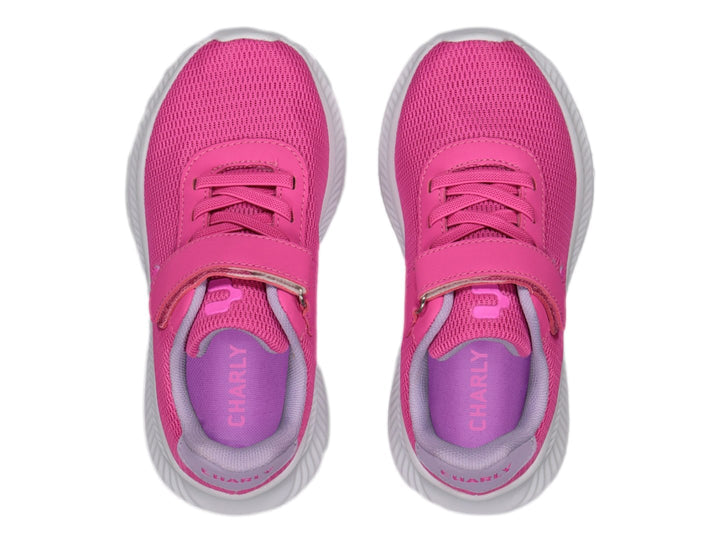 Par de tenis deportivos Charly color rosa con suela blanca y cierre de velcro para niña.