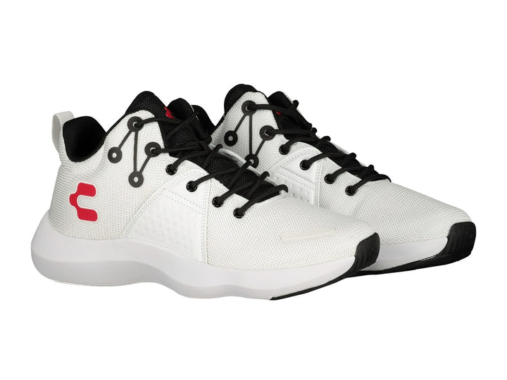 Tenis de baloncesto Charly color blanco con detalles en negro y logotipo rojo.