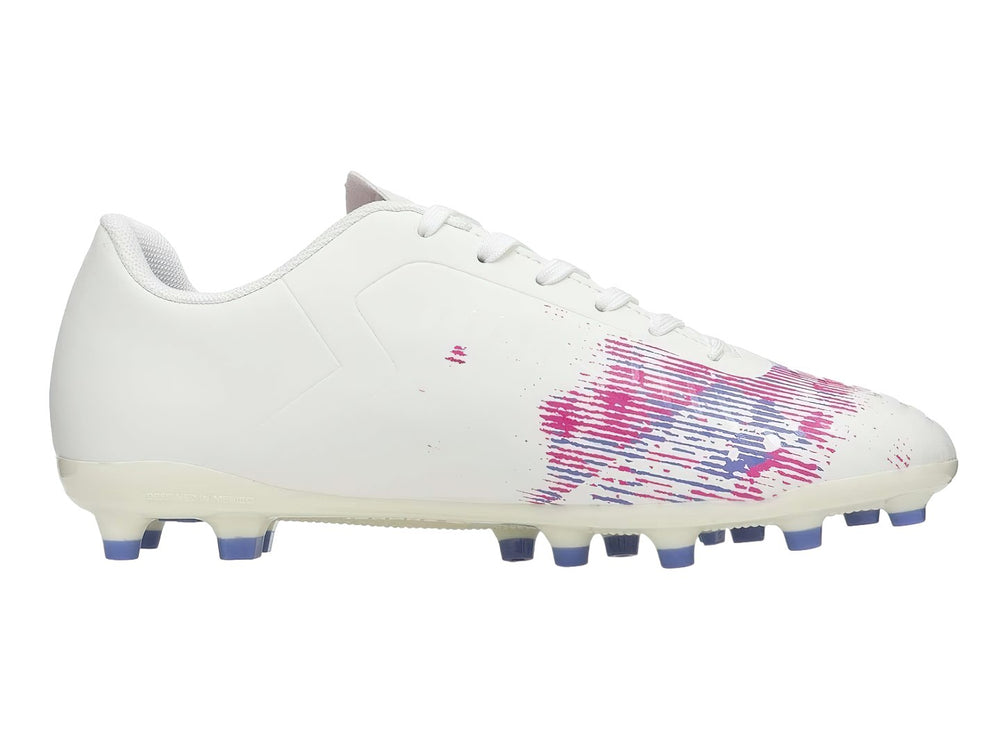 Zapatos de fútbol Charly color blanco con diseño gráfico en rosa y morado y tacos en la suela.