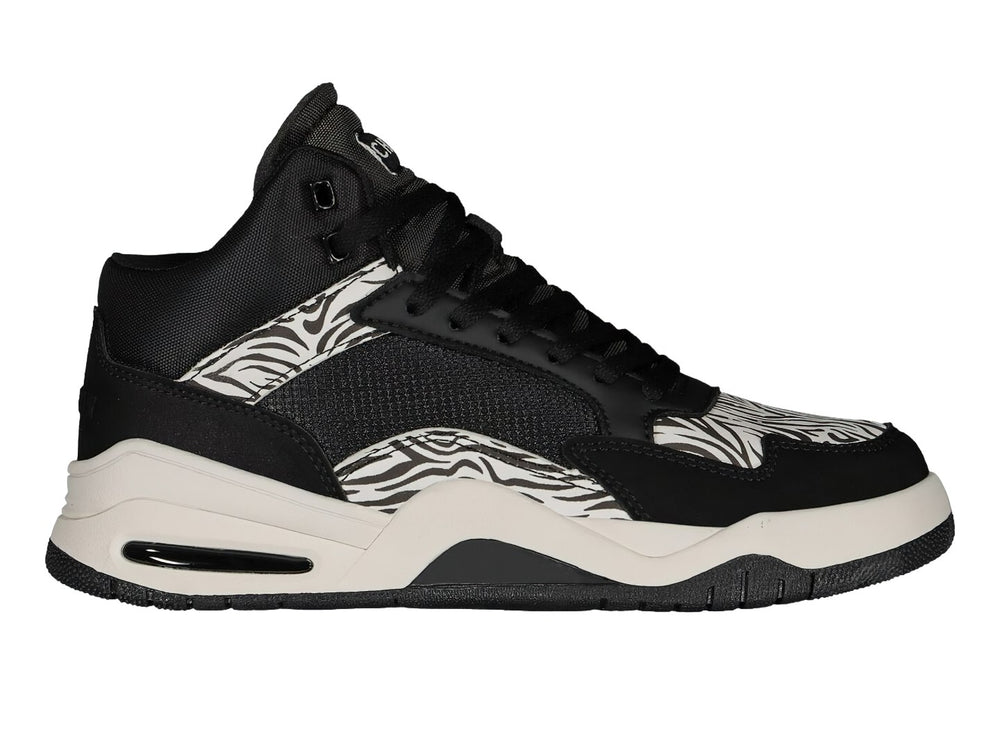 Tenis deportivos Charly de bota alta color negro con estampado de cebra blanco y suela blanca.