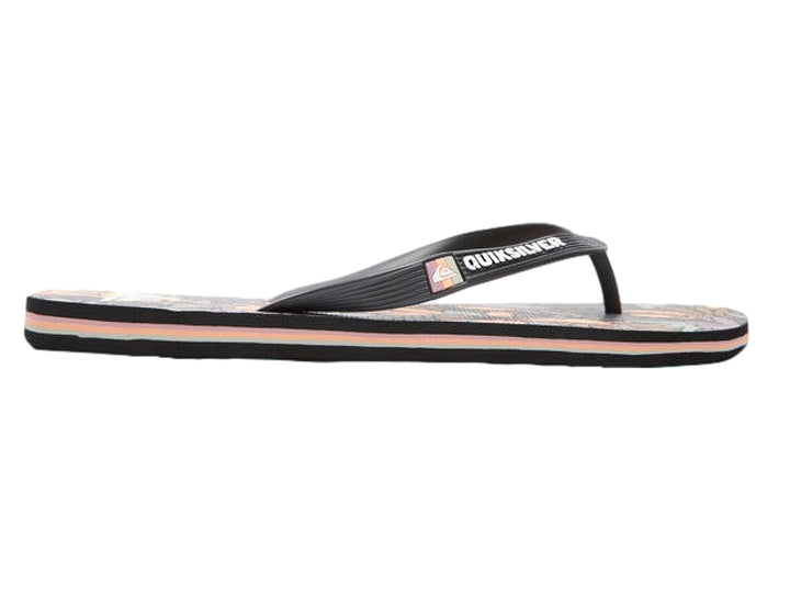 Sandalias Quiksilver negras y púrpura con plantilla estampada y suela de capas.