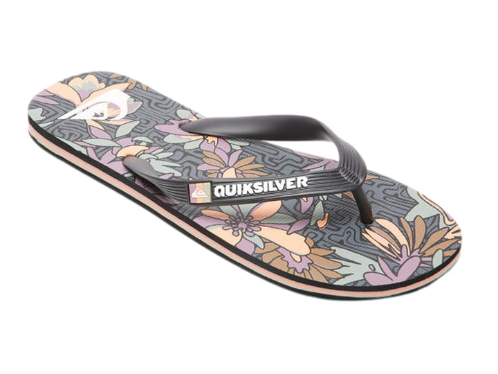Sandalias Quiksilver negras y púrpura con plantilla estampada y suela de capas.