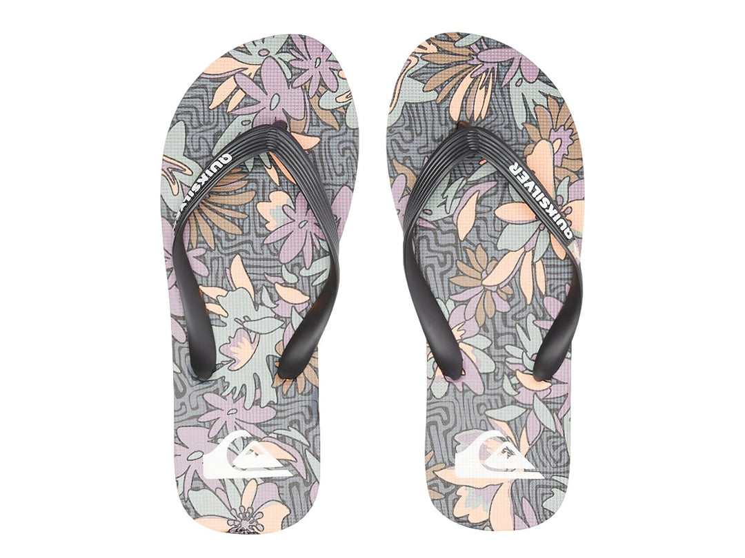 Sandalias Quiksilver negras y púrpura con plantilla estampada y suela de capas.