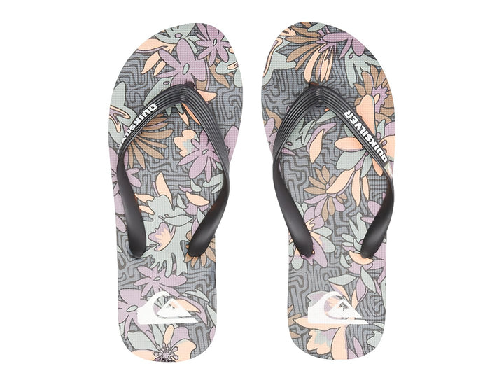 Sandalias Quiksilver negras y púrpura con plantilla estampada y suela de capas.