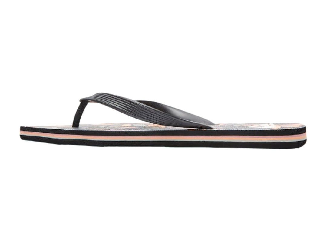 Sandalias Quiksilver negras y púrpura con plantilla estampada y suela de capas.