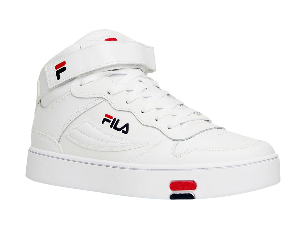 Tenis FILA MGX-100 Mid en color blanco con detalles en rojo y azul marino, con correa de velcro en el tobillo.