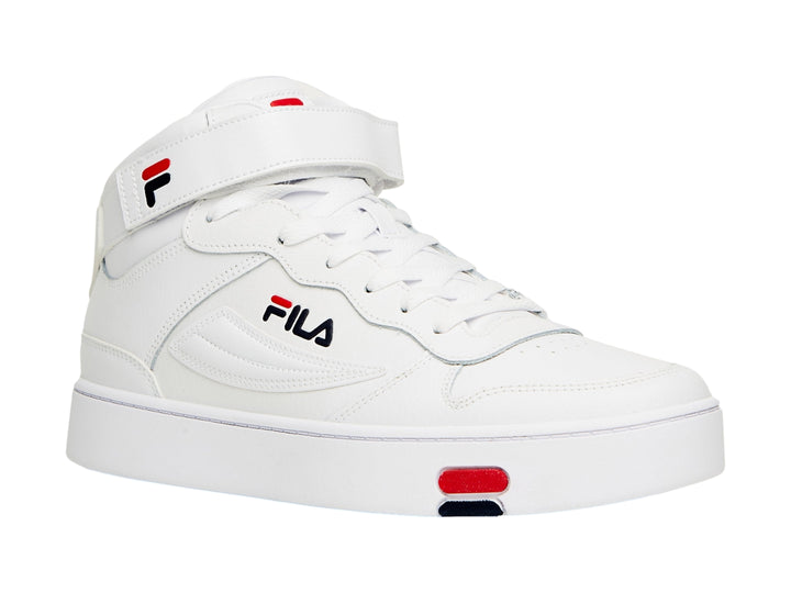 Tenis FILA MGX-100 Mid en color blanco con detalles en rojo y azul marino, con correa de velcro en el tobillo.