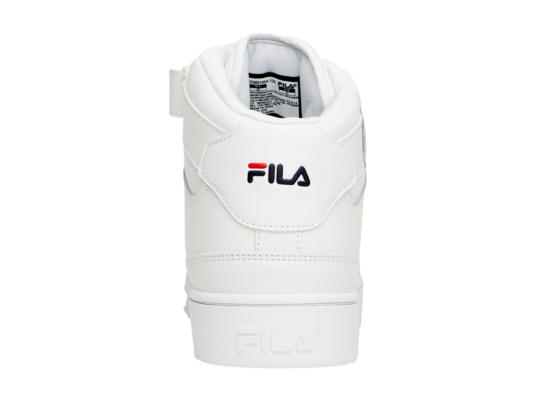 Tenis FILA MGX-100 Mid en color blanco con detalles en rojo y azul marino, con correa de velcro en el tobillo.