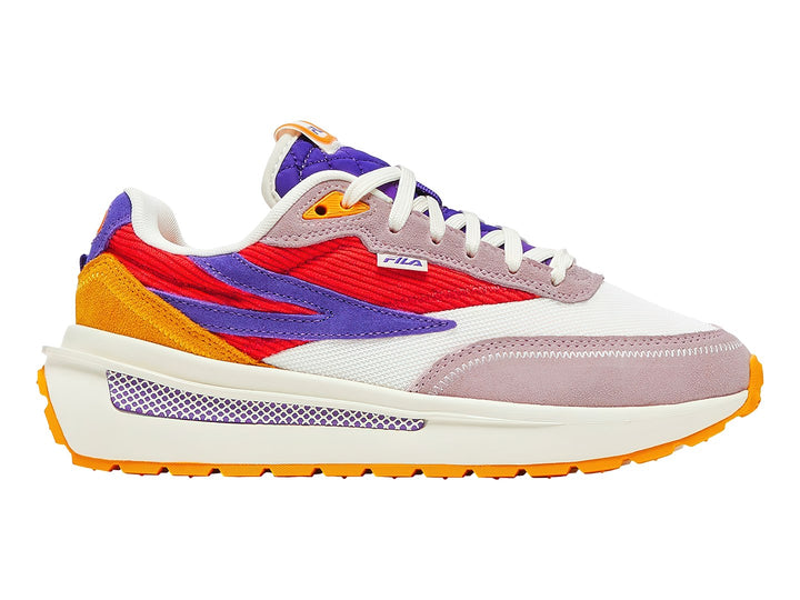 Tenis FILA multicolor en blanco, lila, rojo y naranja con suela blanca y base naranja.