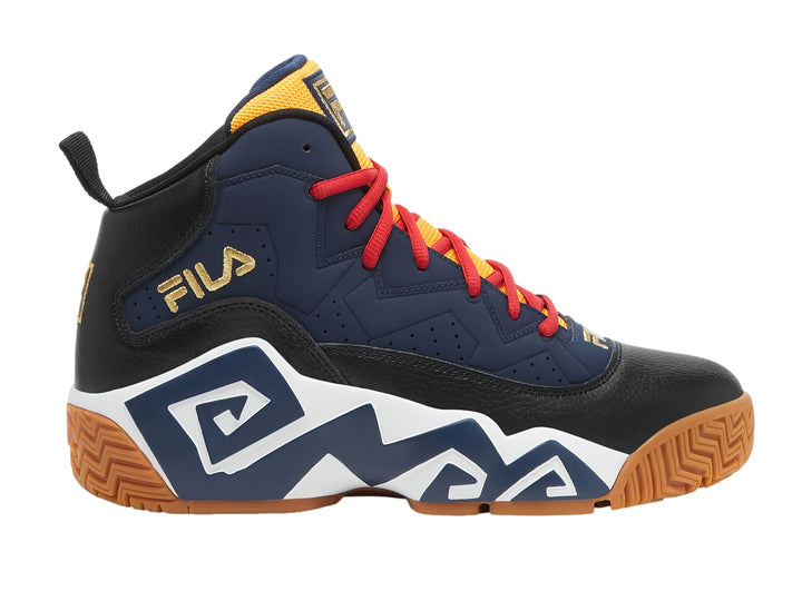 Tenis FILA de corte alto en colores azul, negro y blanco con cordones rojos y suela marrón.