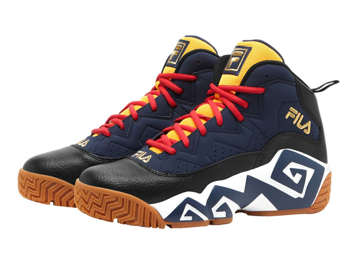 Tenis FILA de corte alto en colores azul, negro y blanco con cordones rojos y suela marrón.