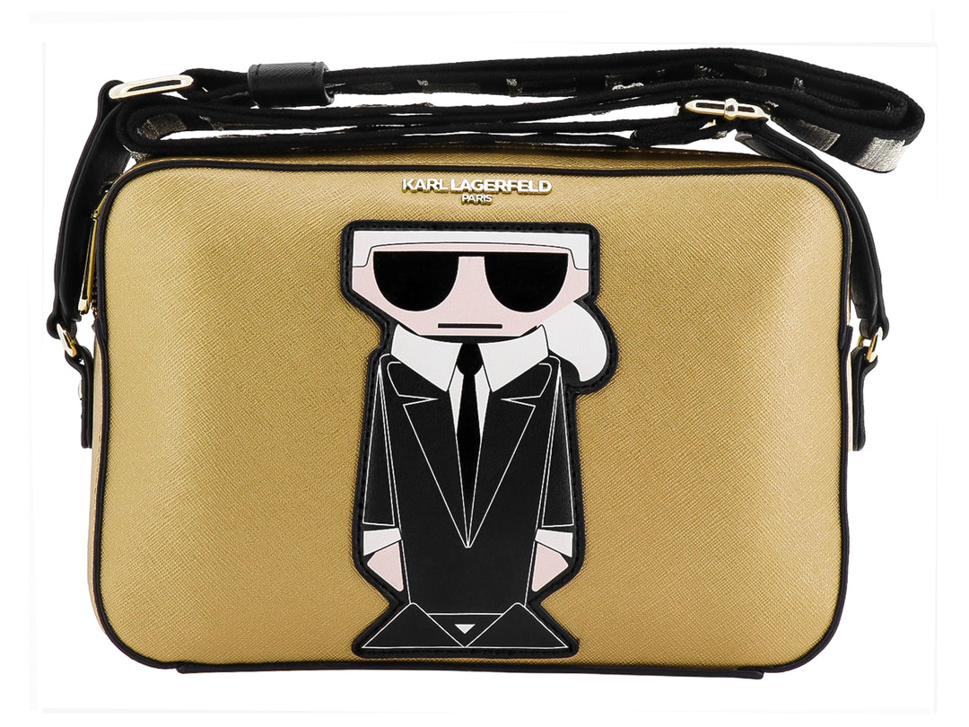 Bolso rectangular dorado con correa negra y estampado frontal de Karl Lagerfeld.