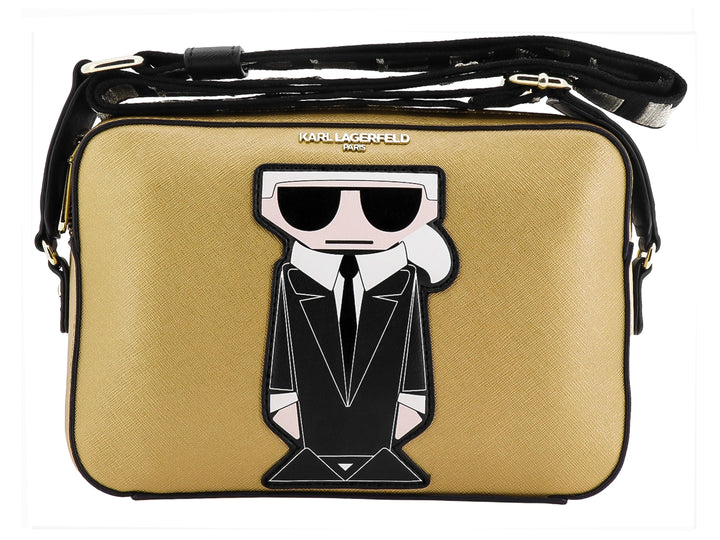 Bolso rectangular dorado con correa negra y estampado frontal de Karl Lagerfeld.