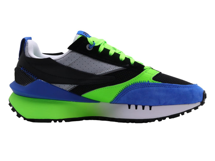 Tenis deportivos FILA en colores negro, azul y verde neón con suela blanca y verde.