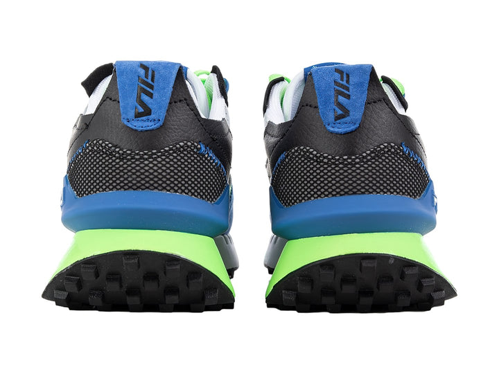 Tenis deportivos FILA en colores negro, azul y verde neón con suela blanca y verde.