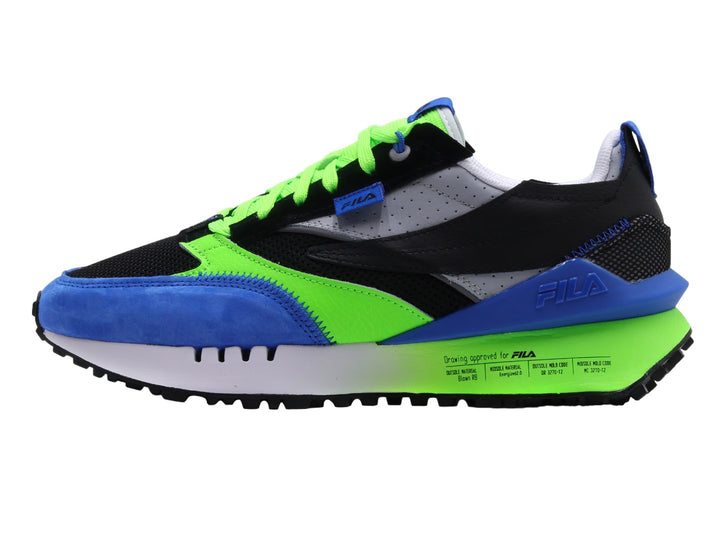 Tenis deportivos FILA en colores negro, azul y verde neón con suela blanca y verde.
