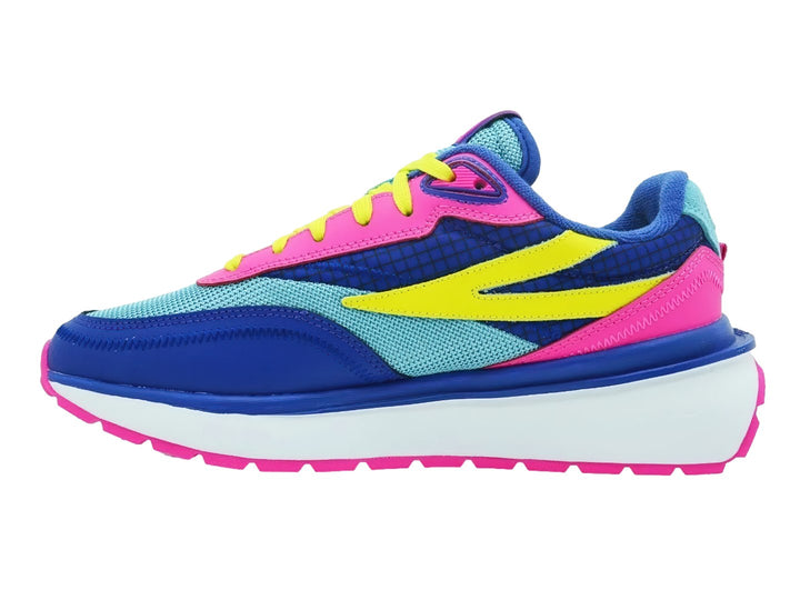 Tenis deportivos FILA en colores azul, amarillo y rosa con suela blanca y detalles neón.