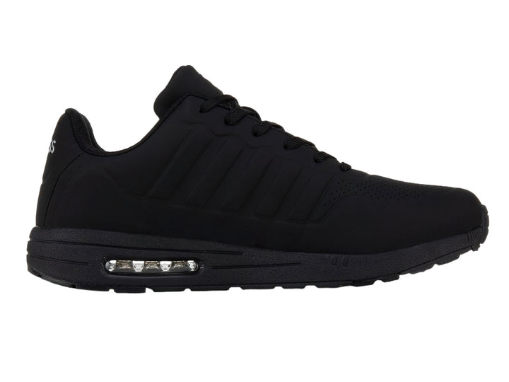 Tenis K-Swiss color negro monocromático con suela amortiguada y diseño deportivo.