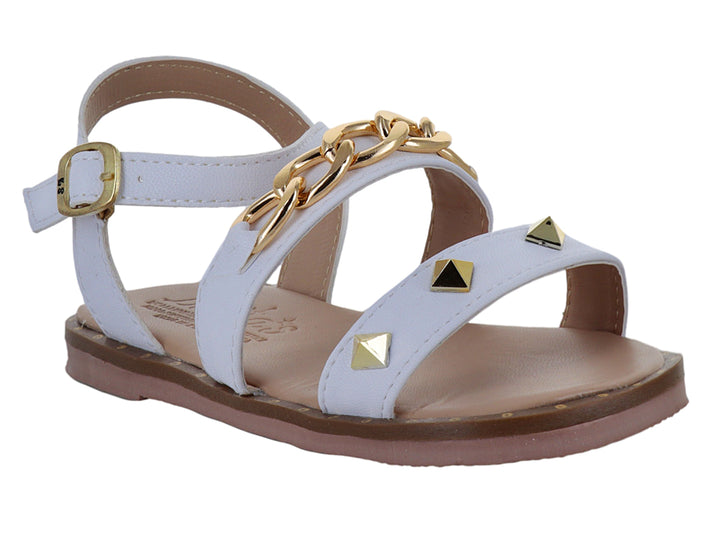 Sandalia blanca para niña con detalles de cadena y estoperoles dorados y suela color café.