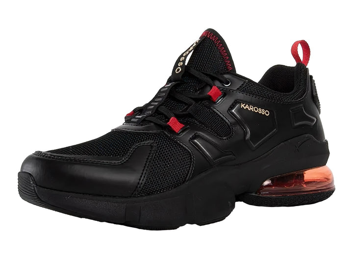 Tenis de baloncesto KAROSSO color negro con detalles en rojo y cámara de aire visible en el talón.