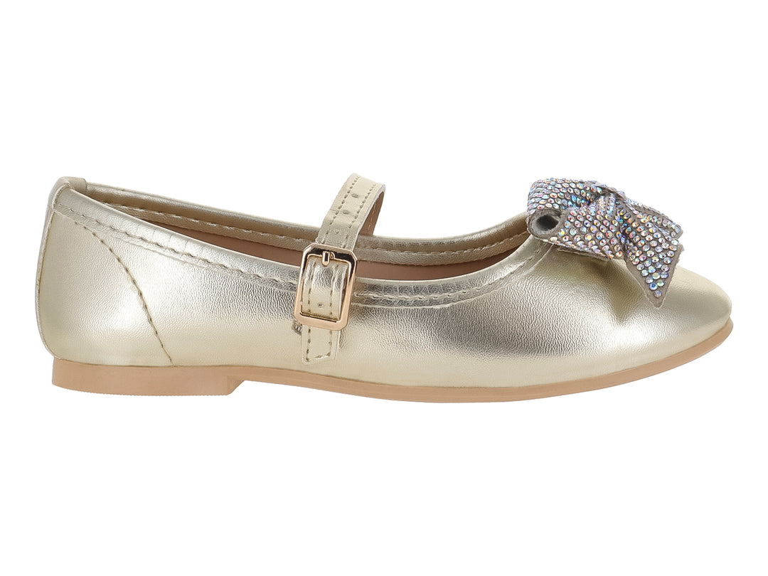 Zapato plano dorado metálico para niña con correa ajustable y moño decorativo con brillos en la punta.