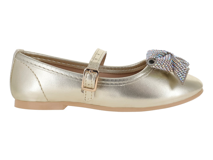 Zapato plano dorado metálico para niña con correa ajustable y moño decorativo con brillos en la punta.